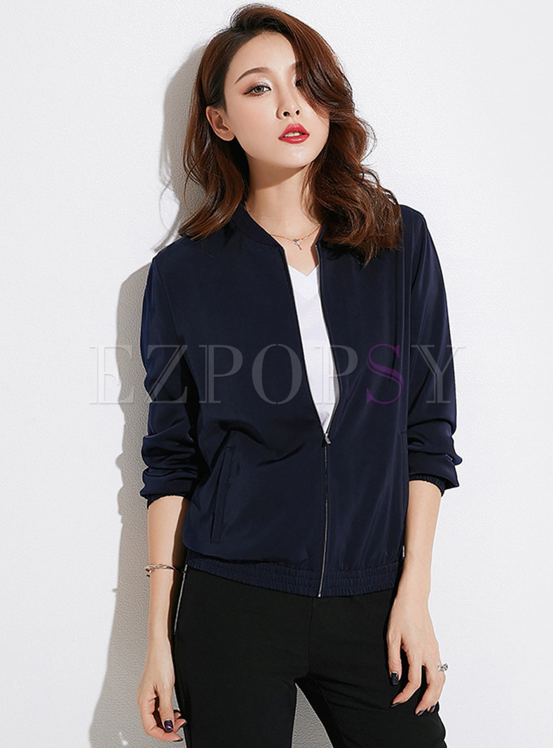 Pure Color Stand Collar Zippered Short Coat