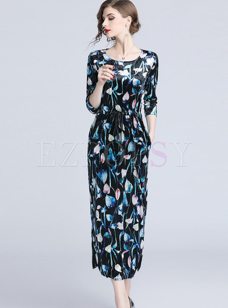 Fashionable Crew-neck All Over Print Maxi Dress 