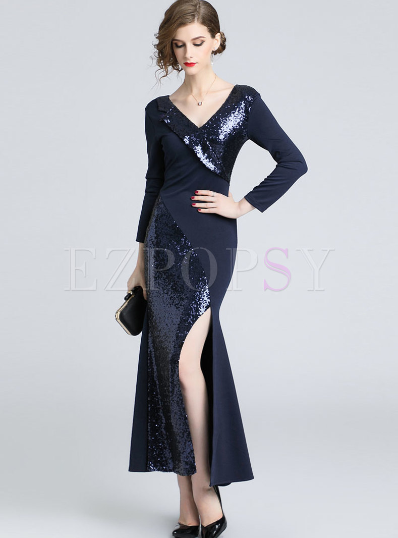 Trendy Deep V-neck Long Sleeve Split Maxi Dress With Sequin 