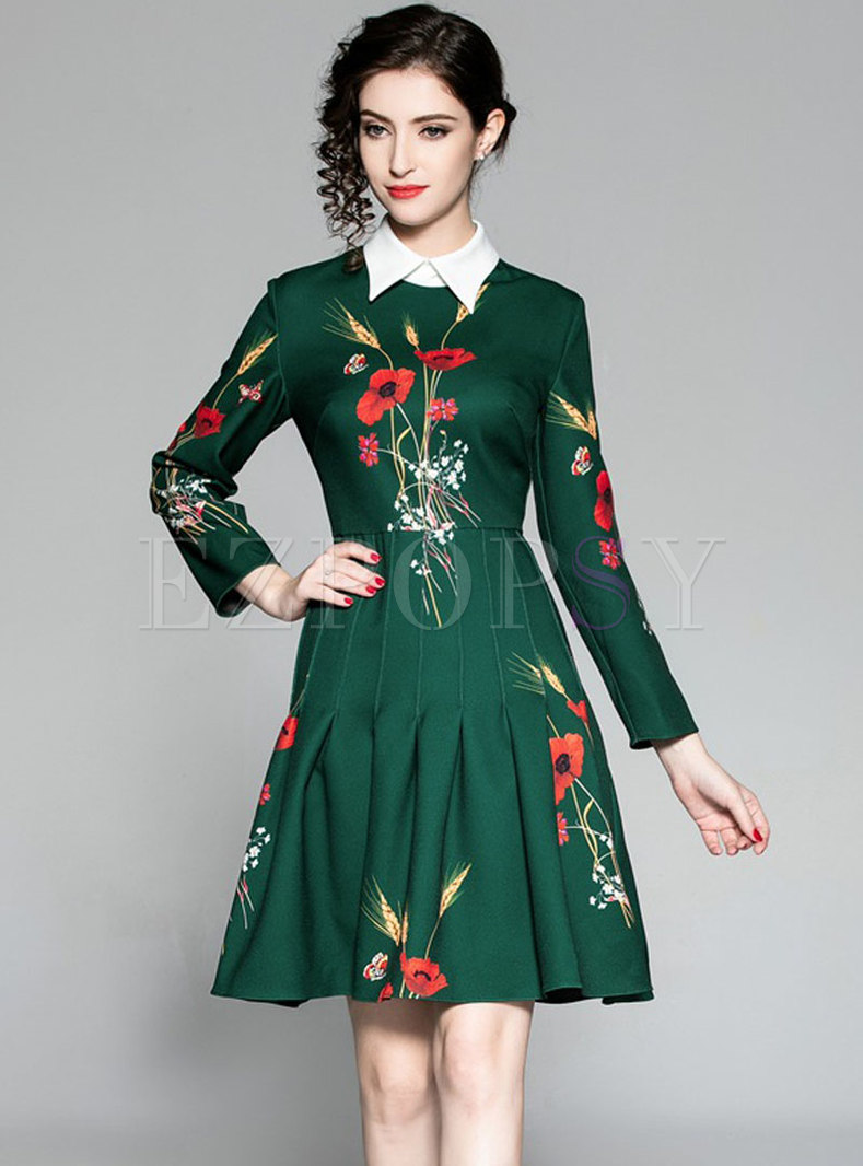 Elegant Contrast-collar Embroidered High Waist Dress