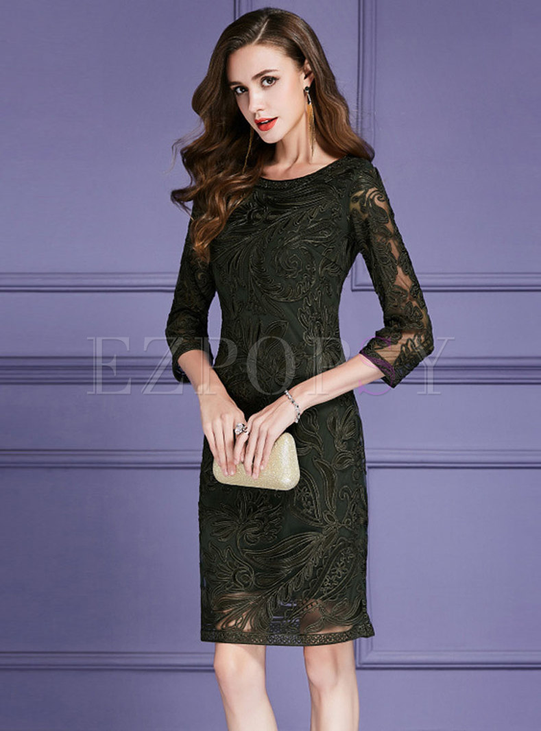 Elegant Solid Color O-neck Embroidered Sheath Dress