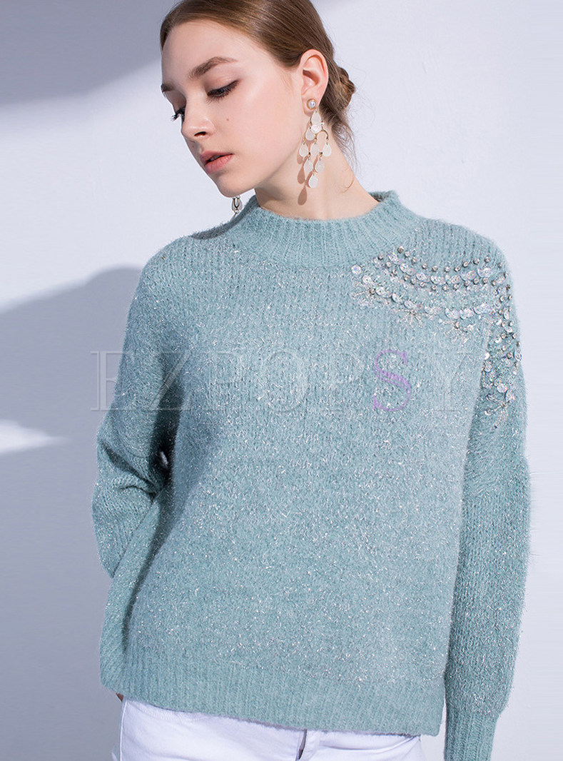 Trendy Standing Collar Beaded Pullover Sweater