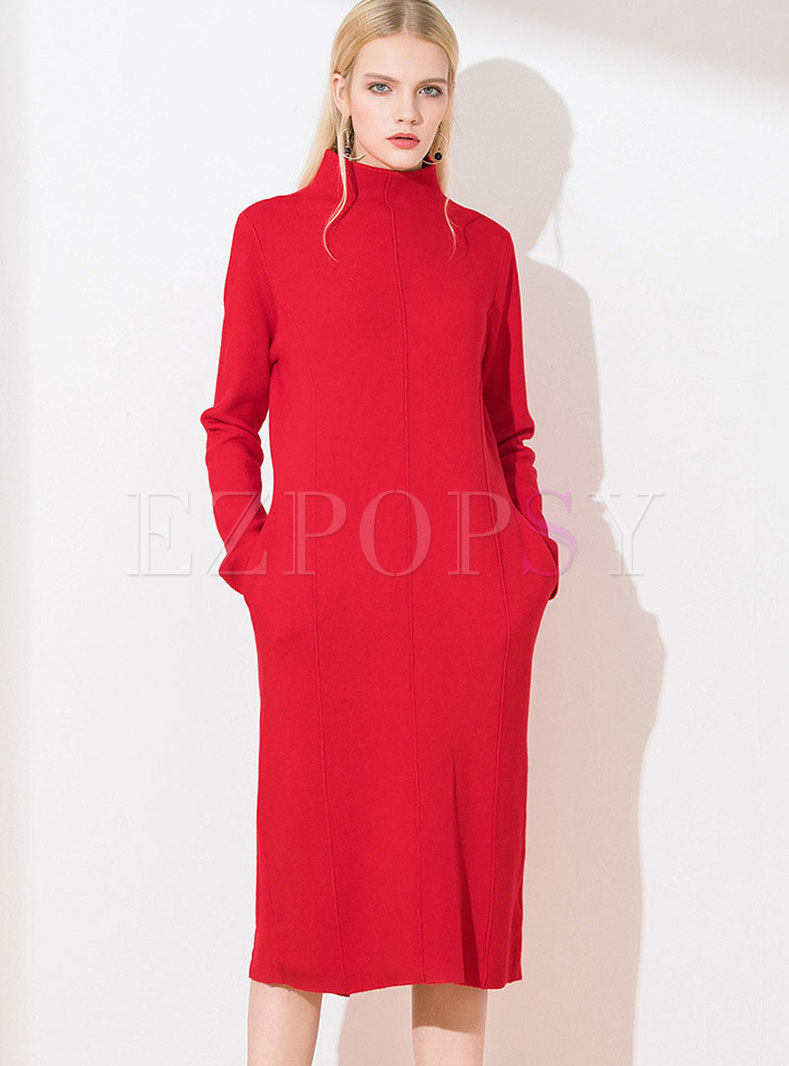 Pure Collar High Neck Slit Knitted Dress