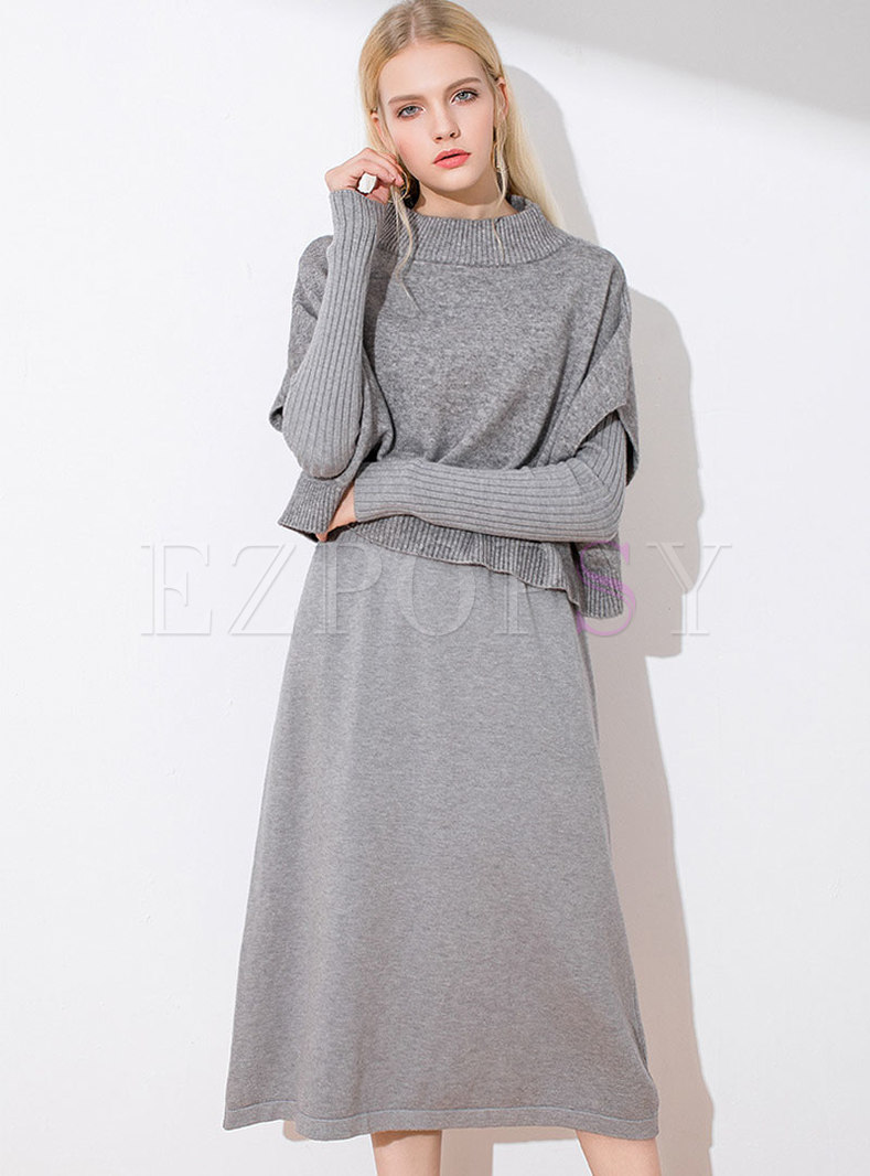 Solid Color O-neck A Line Knitted Two Piece Dress