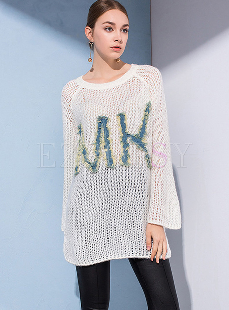 Fashion Hollow Out Letter Print Loose Sweater