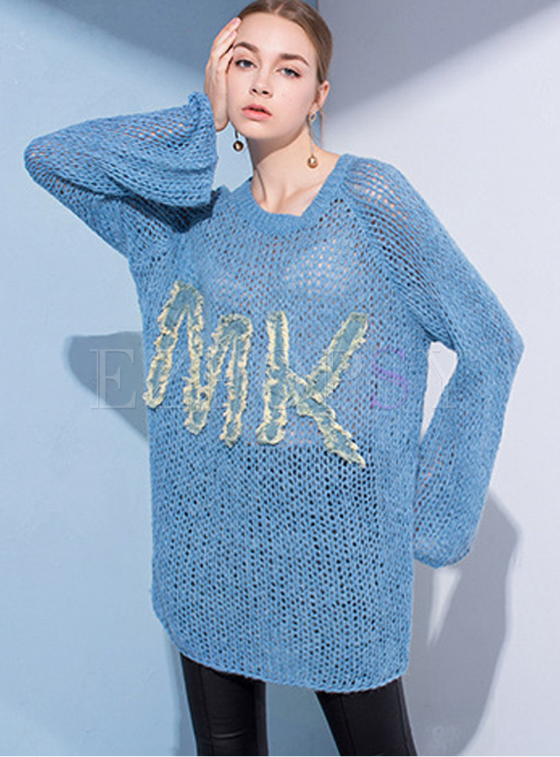 Blue O-neck Long Sleeve Hollow Out Perspective Sweater