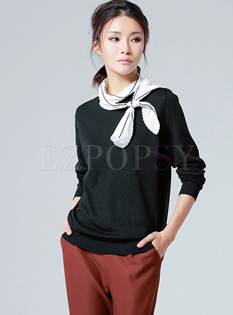 Elegant Color-blocked Bowknot Front Sweater