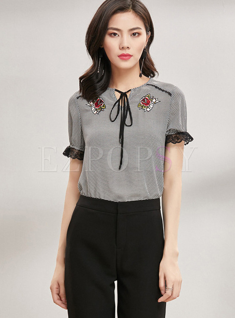 Chiffon Splicing Lace Embroidery Tied Bowknot Top