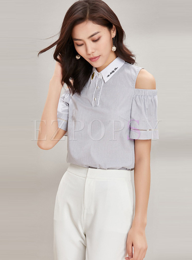 Casual Off The Shoulder Letter Embroidery Blouse