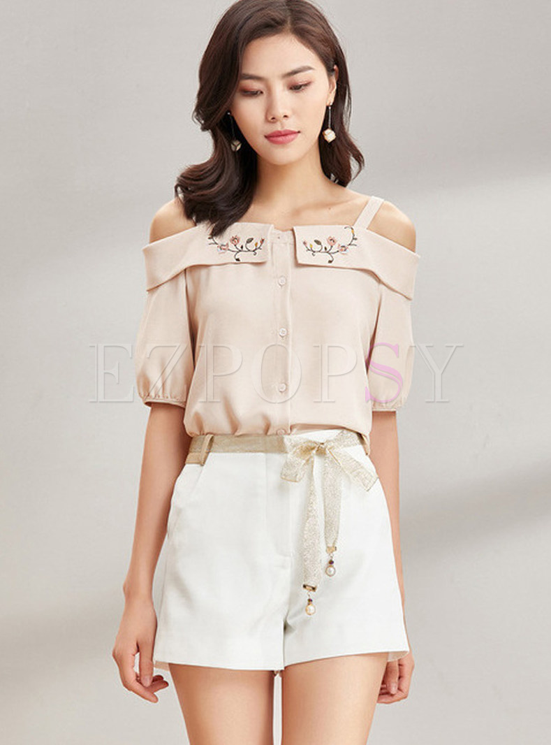 Apricot Single-Breasted Solid Color Embroidery Blouse