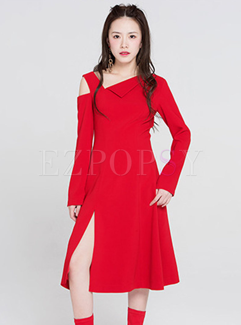 Red Asymmetric Split A-line Dress
