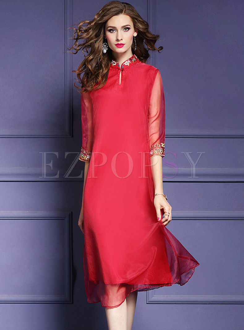 Dresses | Shift Dresses | Red Loose Embroidered Cheongsam Dress