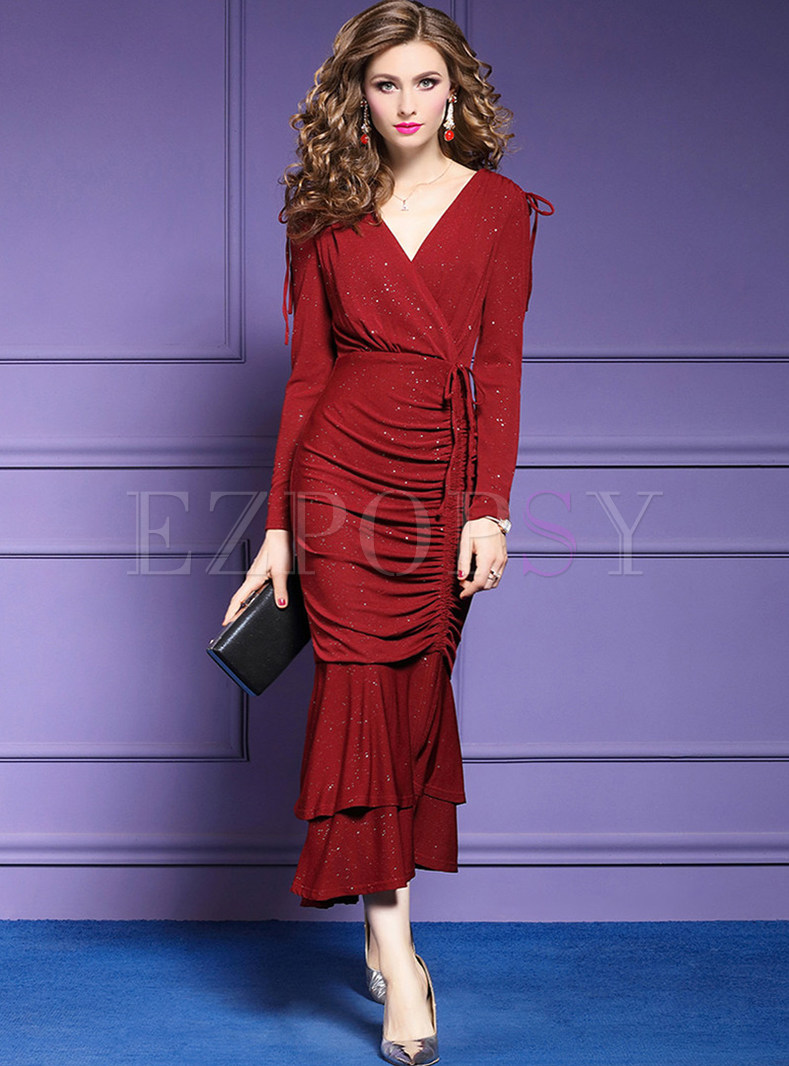 Sexy Pure Color Long Sleeve Tied Bodycon Dress