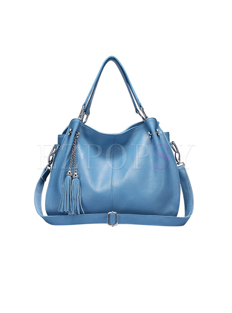 Casual Tassel Cow Leather Top Handle & Tote Bag