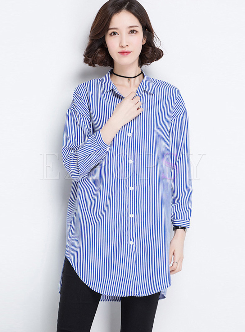 Single-Breasted Striped Lapel Zip Up Blouse