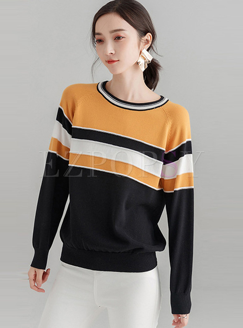 Loose Color-blocked O-neck Pullover Sweatshirt