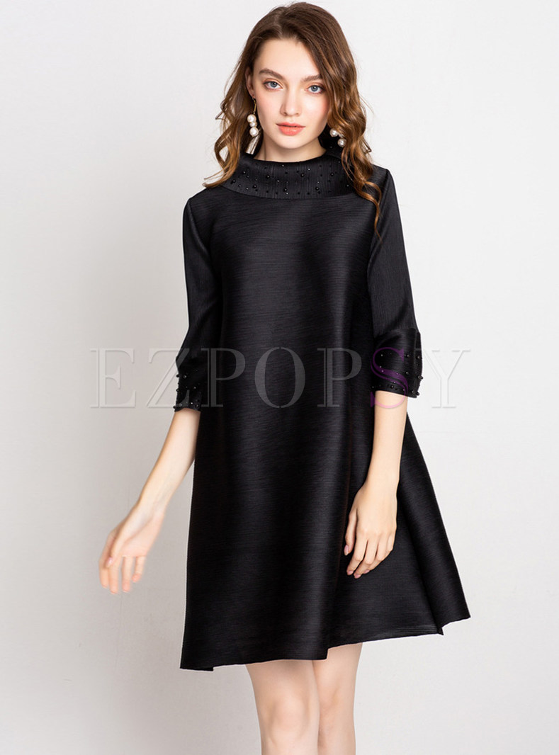 3/4 Sleeve Plus Size Beaded Pleated Dress