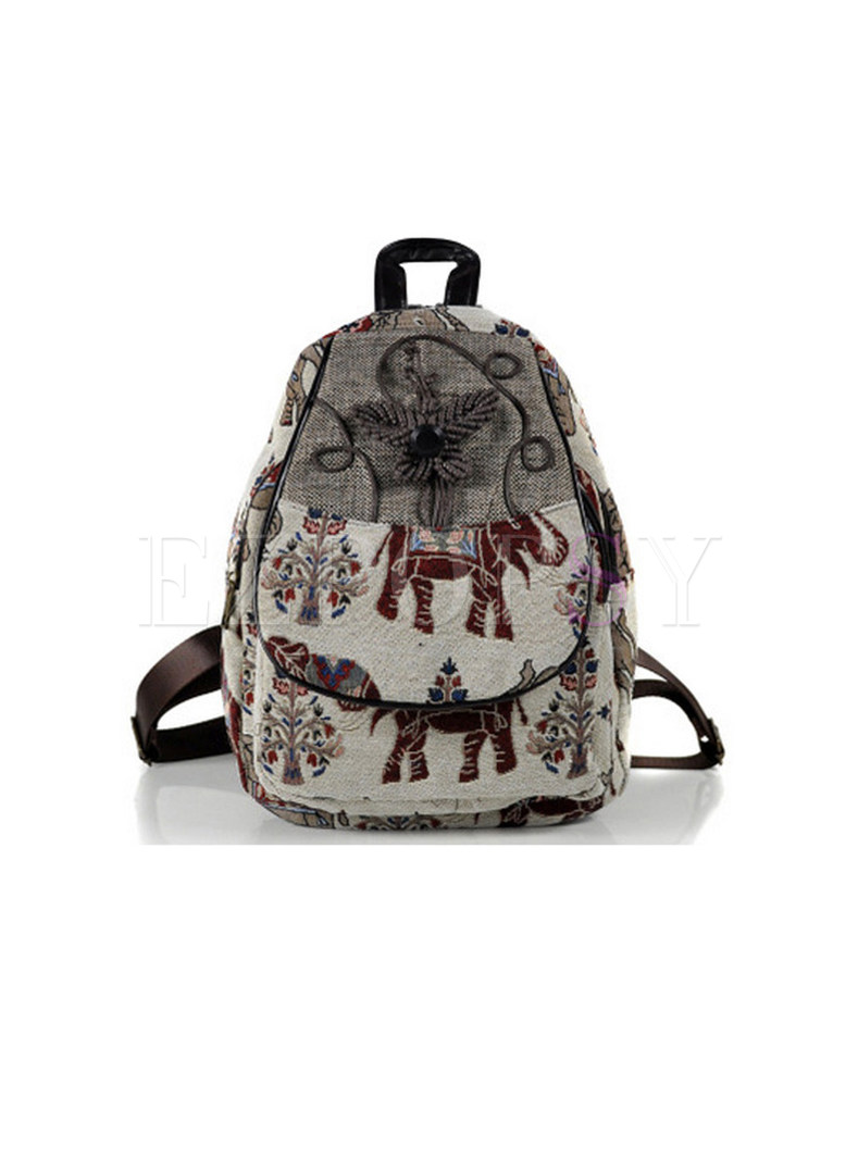 Ethnic Flax Weaving Print Zippered Backpack
