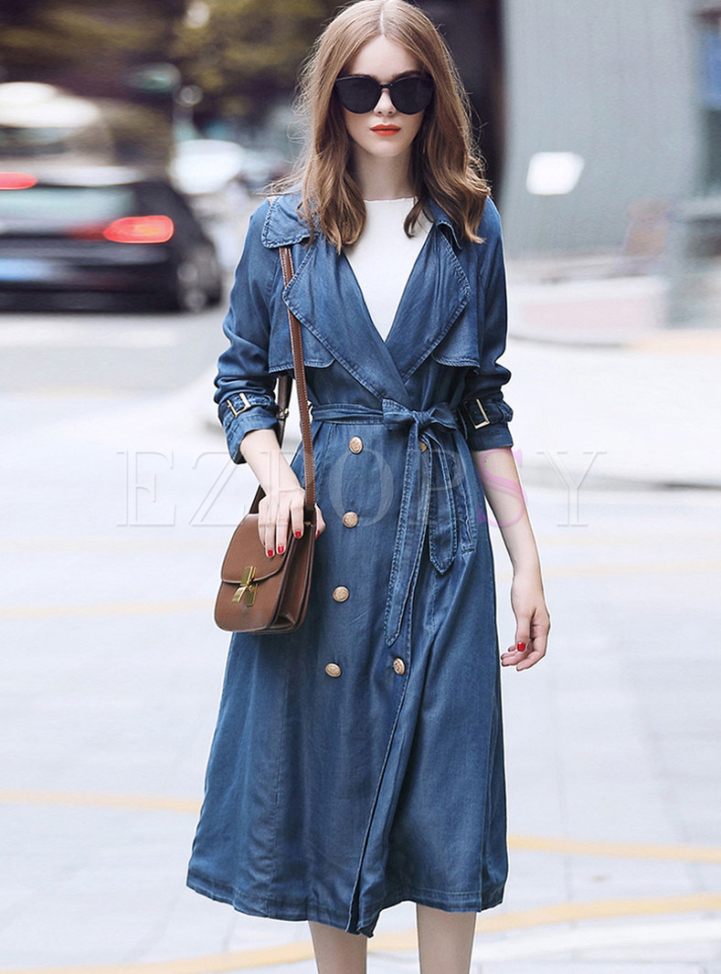Navy Notched Double-breasted Tied Denim Trench Coat