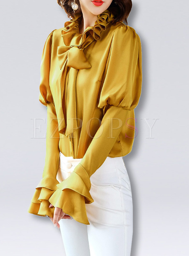 Brief Yellow Court Flare Sleeve Pullover Blouse