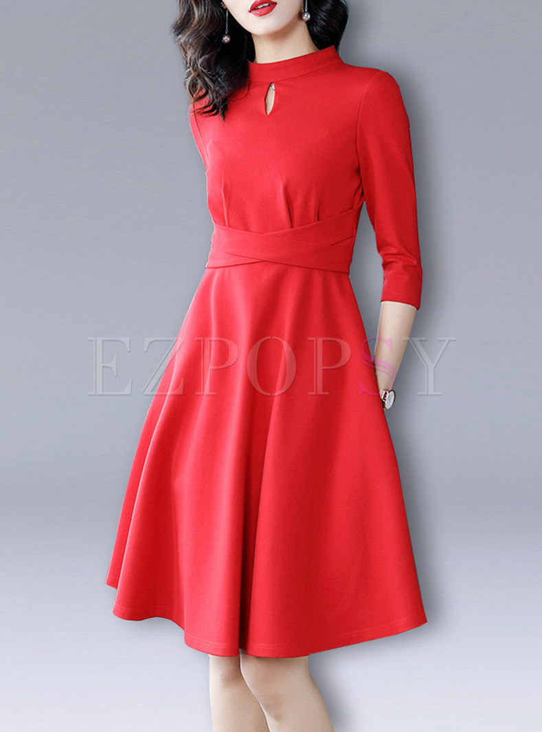 Red Three-quarter Sleeve A Line Dress