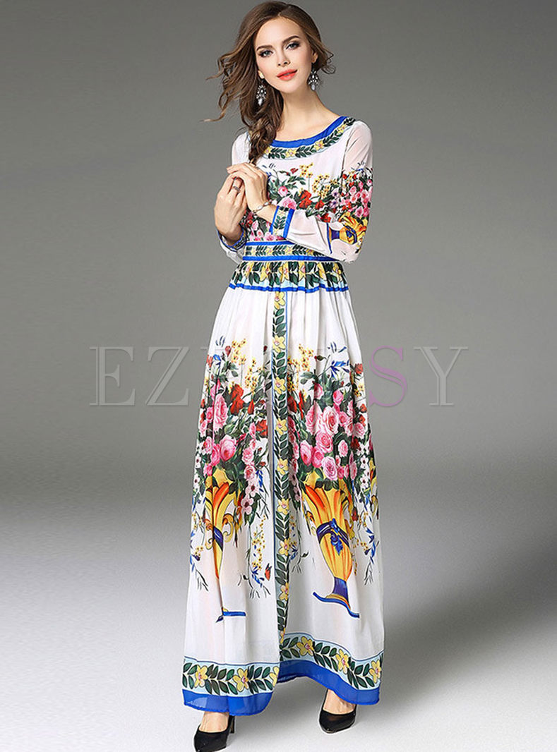 Dresses | Maxi Dresses | Ethnic Long Sleeve Print Big Hem Maxi Dress