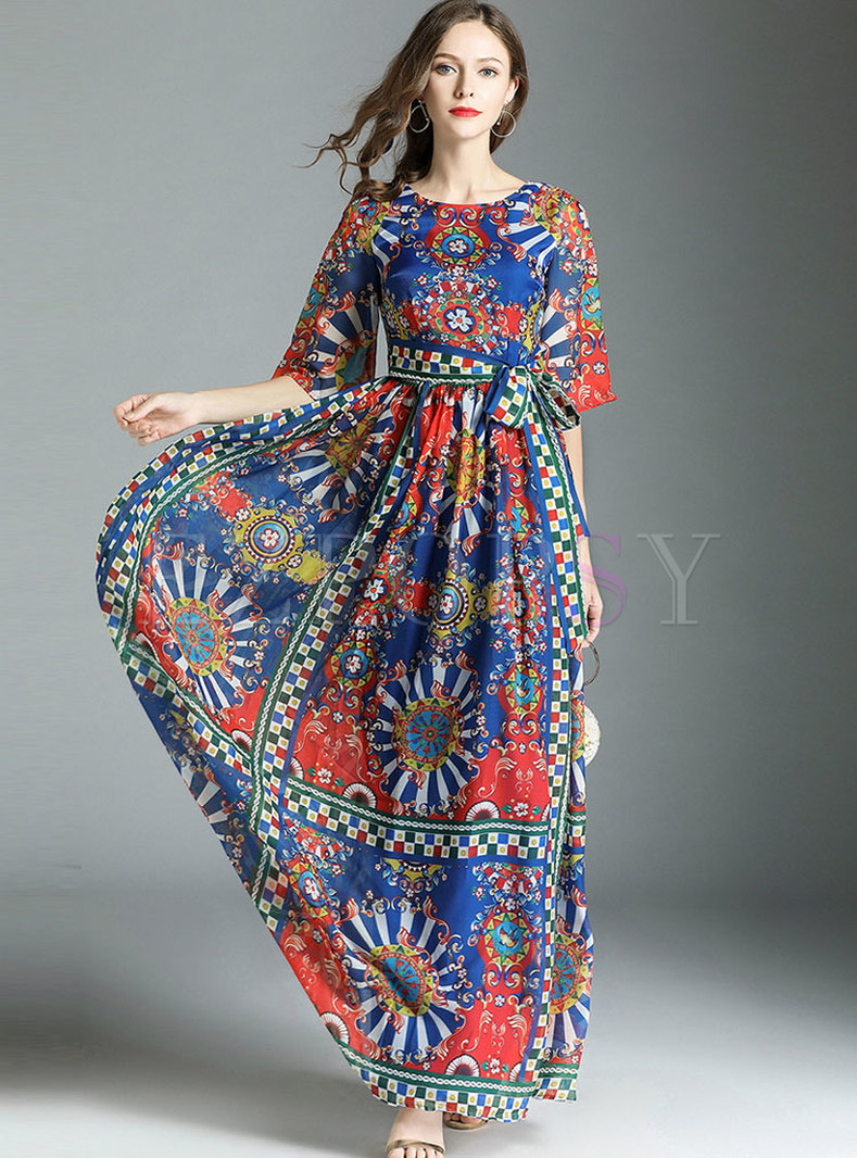 Ethnic Belted Color-block Holiday Maxi Dress