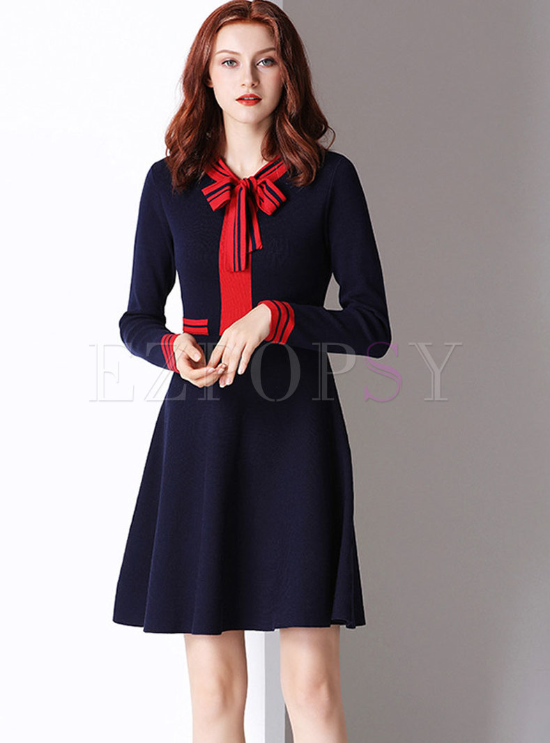 Elegant Tie-neck Bowknot High Color Knitted Dress