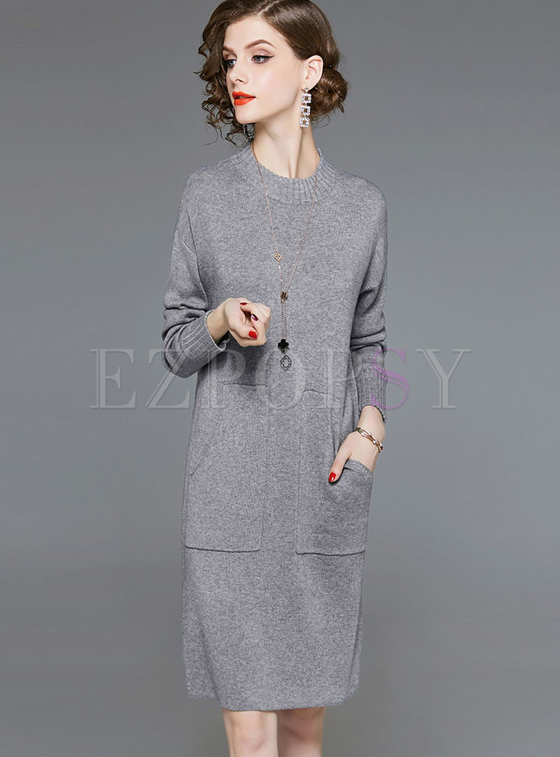 Autumn O-neck Wool-blend Straight Bottoming Knitting Dress