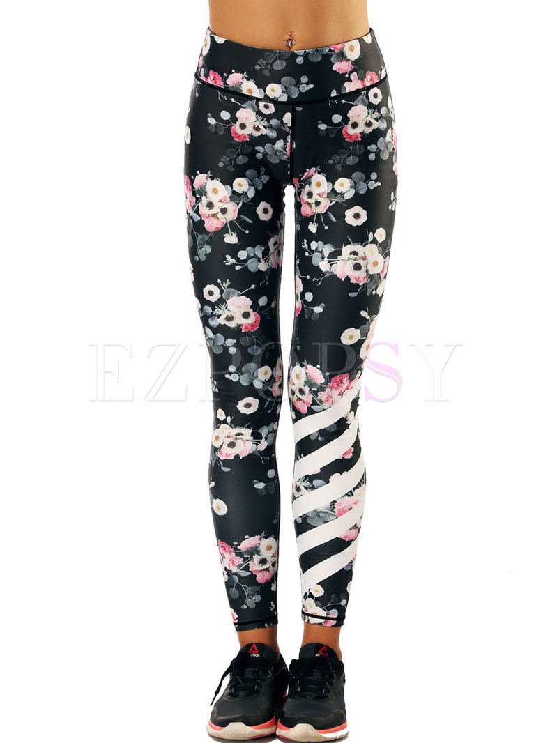 Floral Print High Waist Tight Fitness Pants