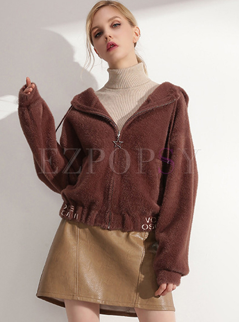 Solid Color Hooded Collar Zippered Plush Coat