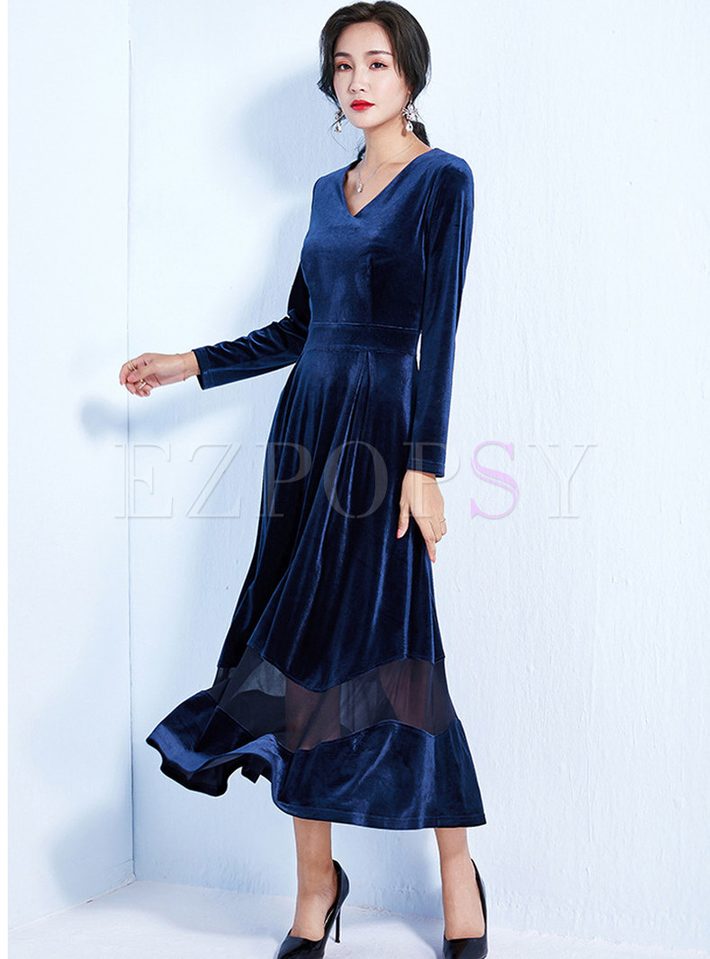 Long Sleeve Velvet Stitching Gauze Maxi Dress