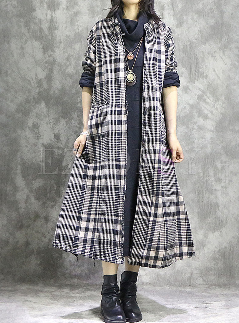 Vintage Grid Single-breasted Loose Thick Coat
