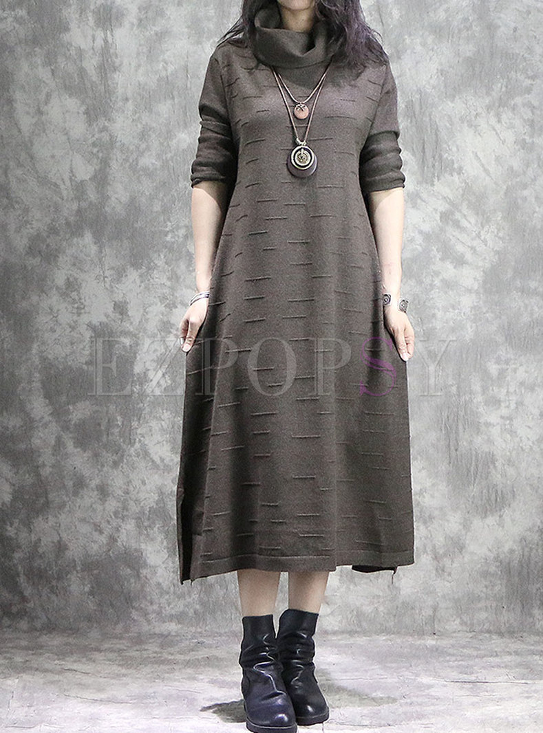 Brief Pure Color High Neck Maxi Knitted Dress