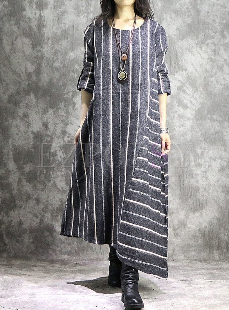Retro Striped O-neck Asymmetric Hem Maxi Dress
