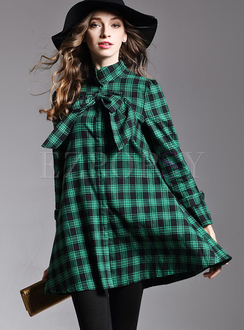 Standing Collar Bowknot Loose Plaid Blouse