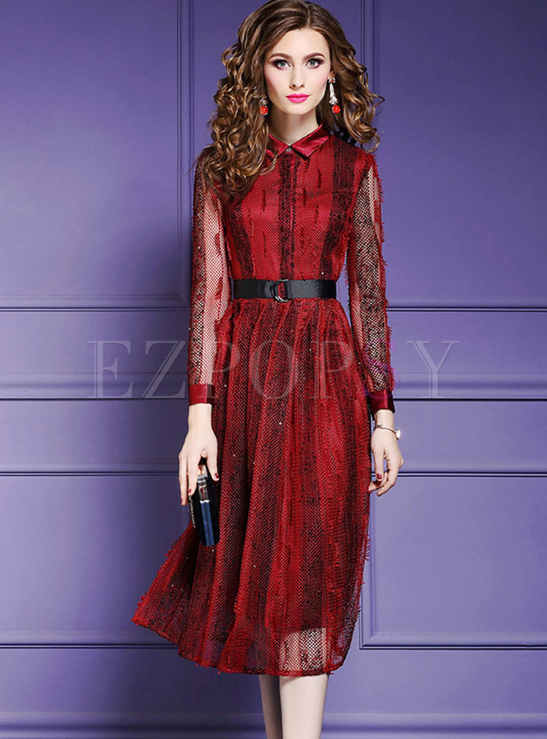 Lapel Perspective Mesh Splicing Lace Waist Pleated Dress