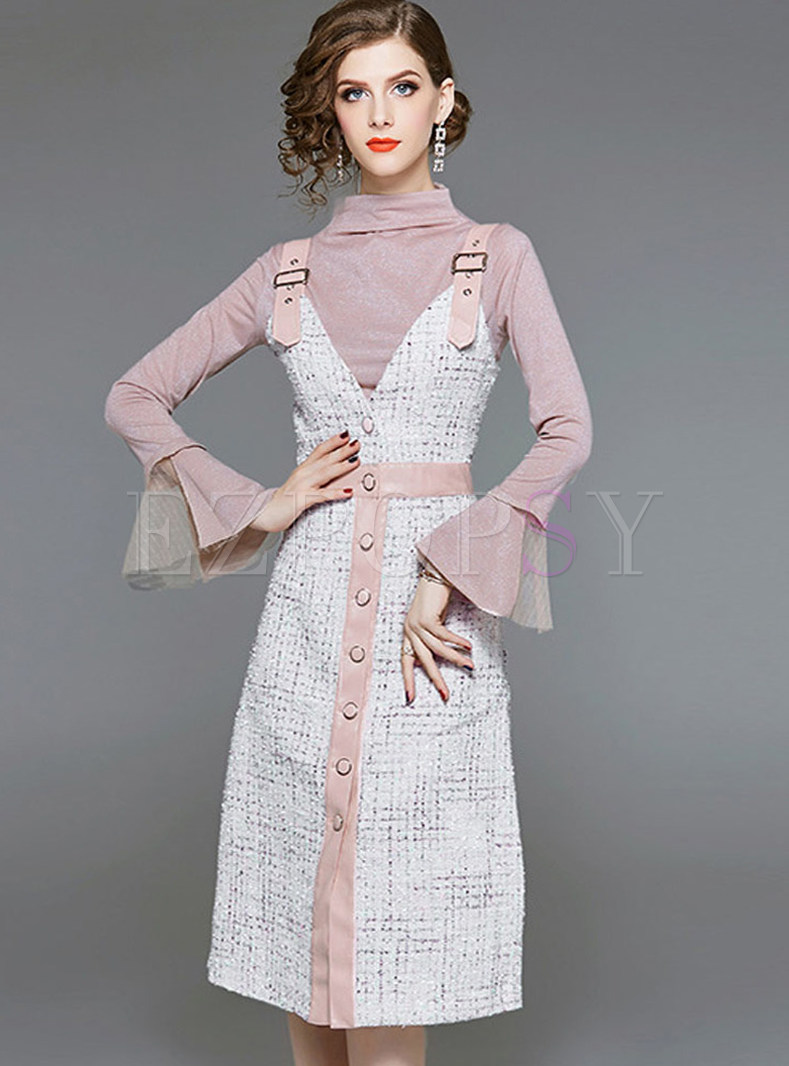 Trendy Elegant Flare Sleeve Top & Strap Single-breasted Dress