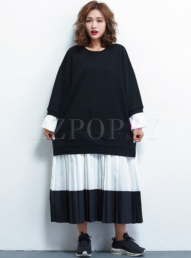 Loose Color-blocked Splicing Pleated Dress
