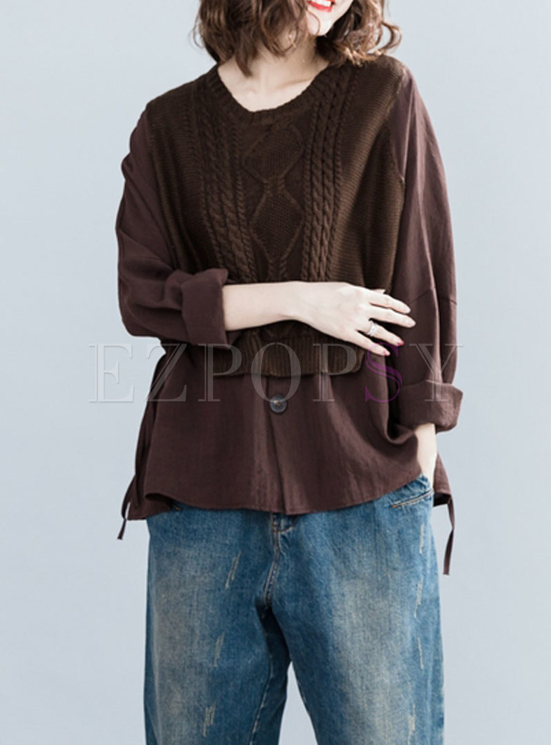 Trendy Solid Color Splicing O-neck Knitted Sweater