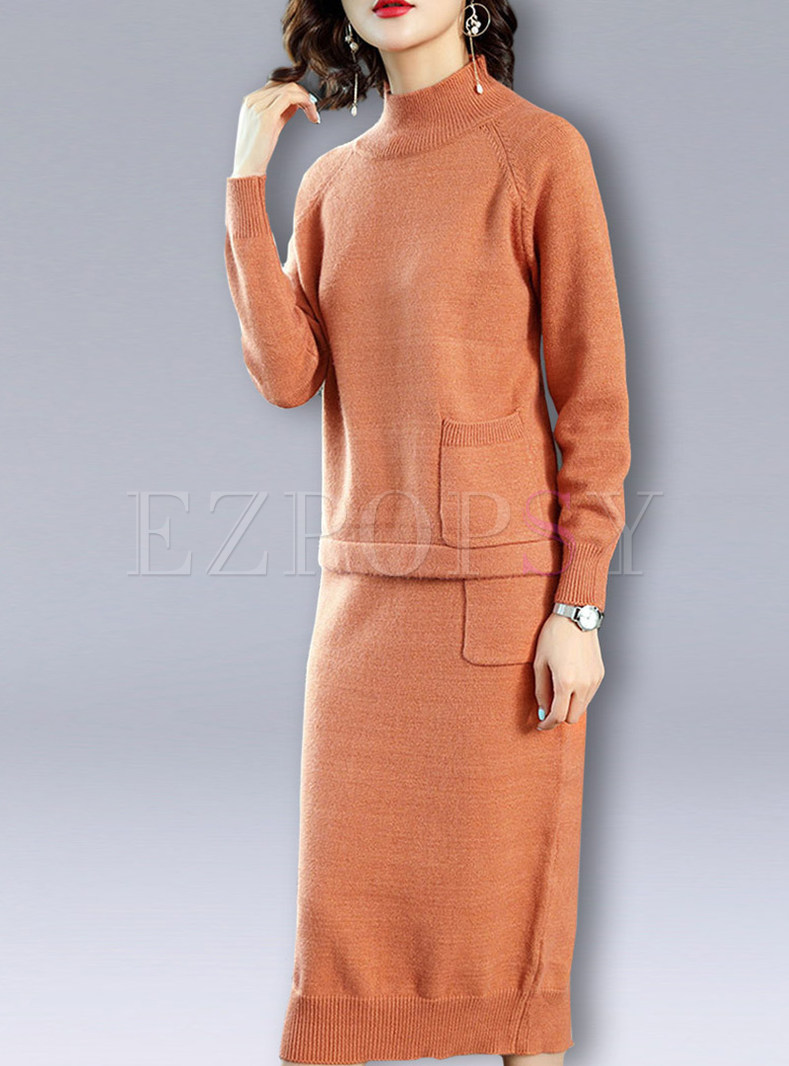 Turtle Neck Pocket Slit Knitted Two Piece Outfits
