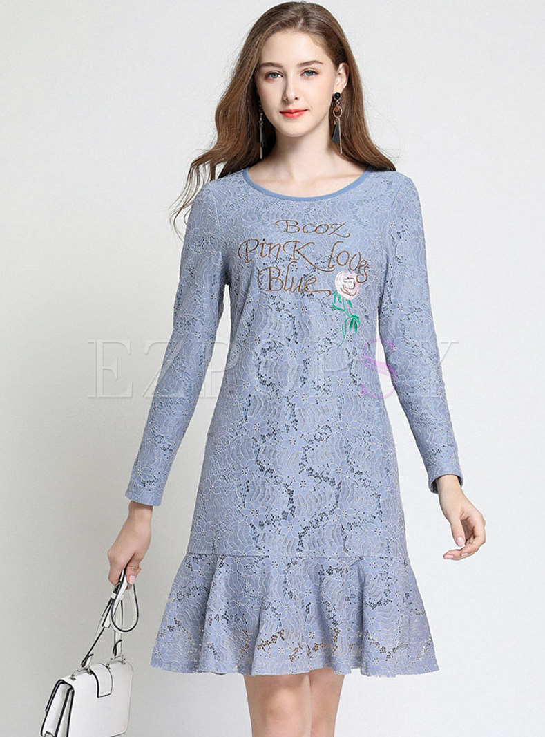 Lace Embroidered O-neck Slim Falbala Dress