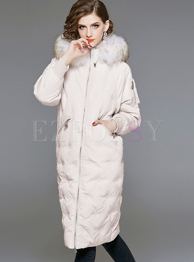 Outwear | Down Coats | Stylish Hooded Zippered Knee-length Down Coat