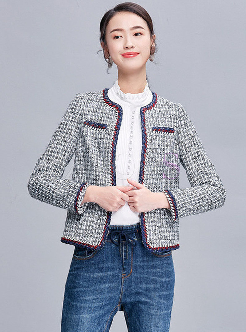 Color-blocked O-neck Grid Short Tweed Coat