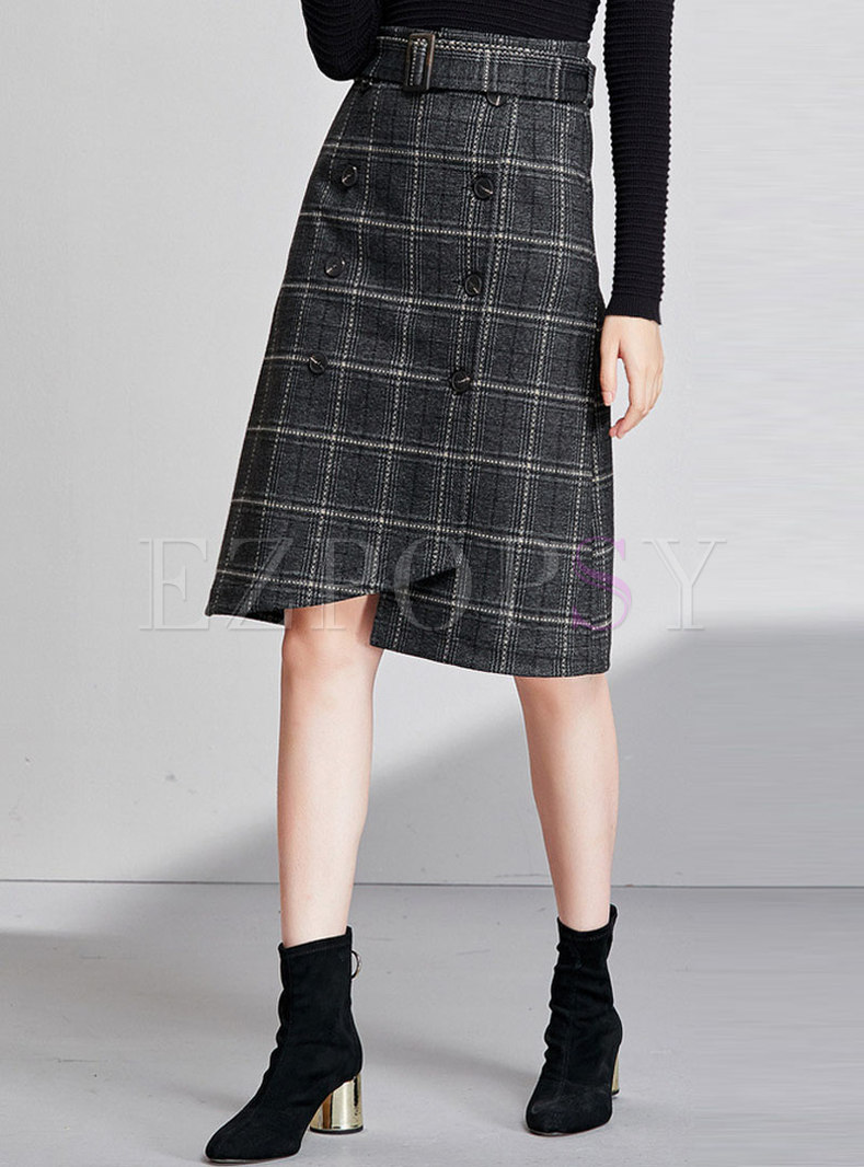 Elegant Grid High Waist Belted Asymmetric Skirt