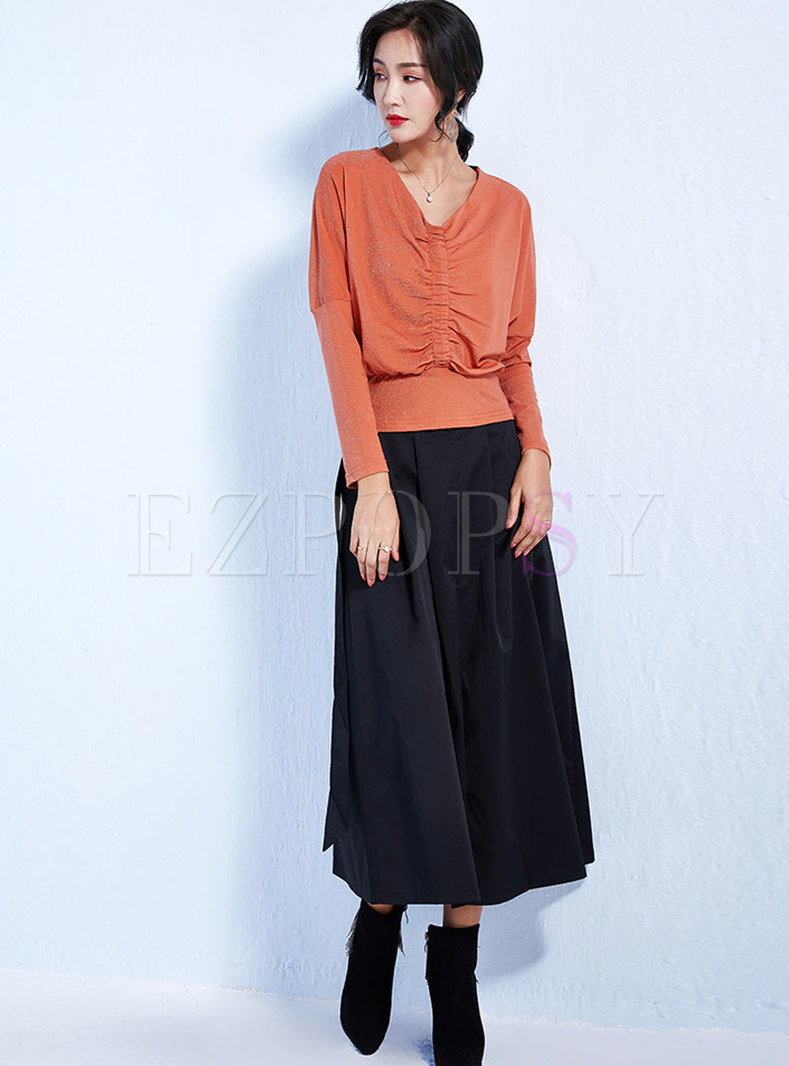 Solid Color V-neck Bat Sleeve Top & Black High Waist Slit Skirt