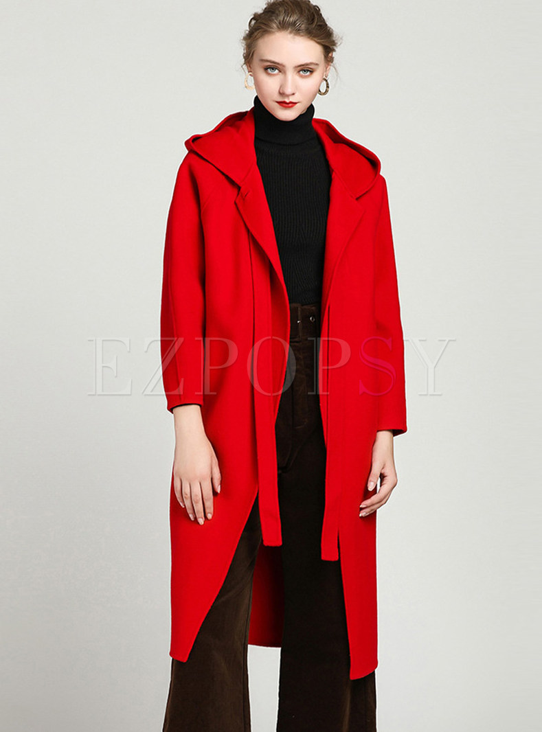 Outwear | Jackets/Coats | Red Hooded Tied Loose Invisible Button Coat