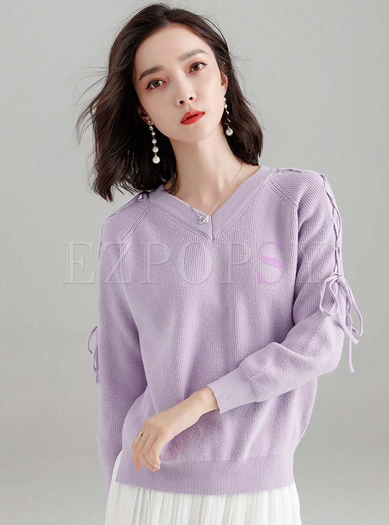 Pure Color V-neck Tied Pullover Sweater