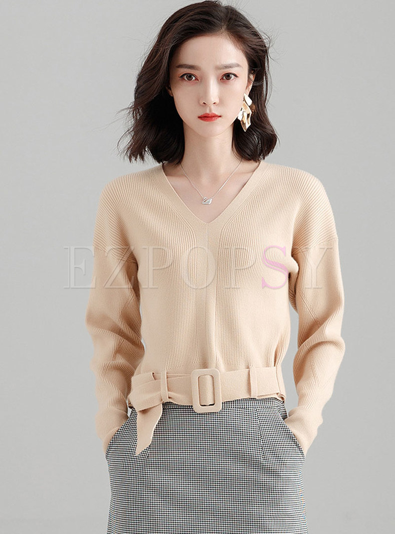 Solid Color V-neck Belted Pullover Sweater
