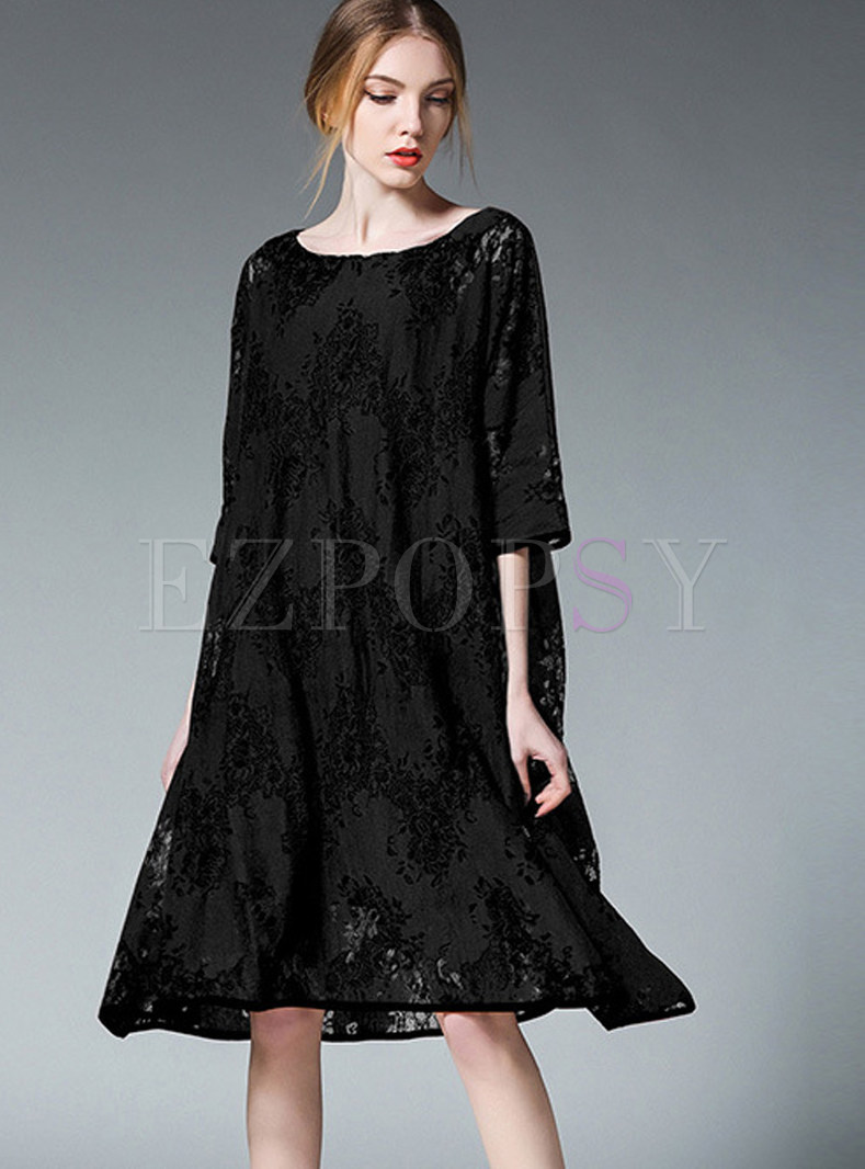 O-neck Half Sleeve Loose Hollow Out Dress With Sling
